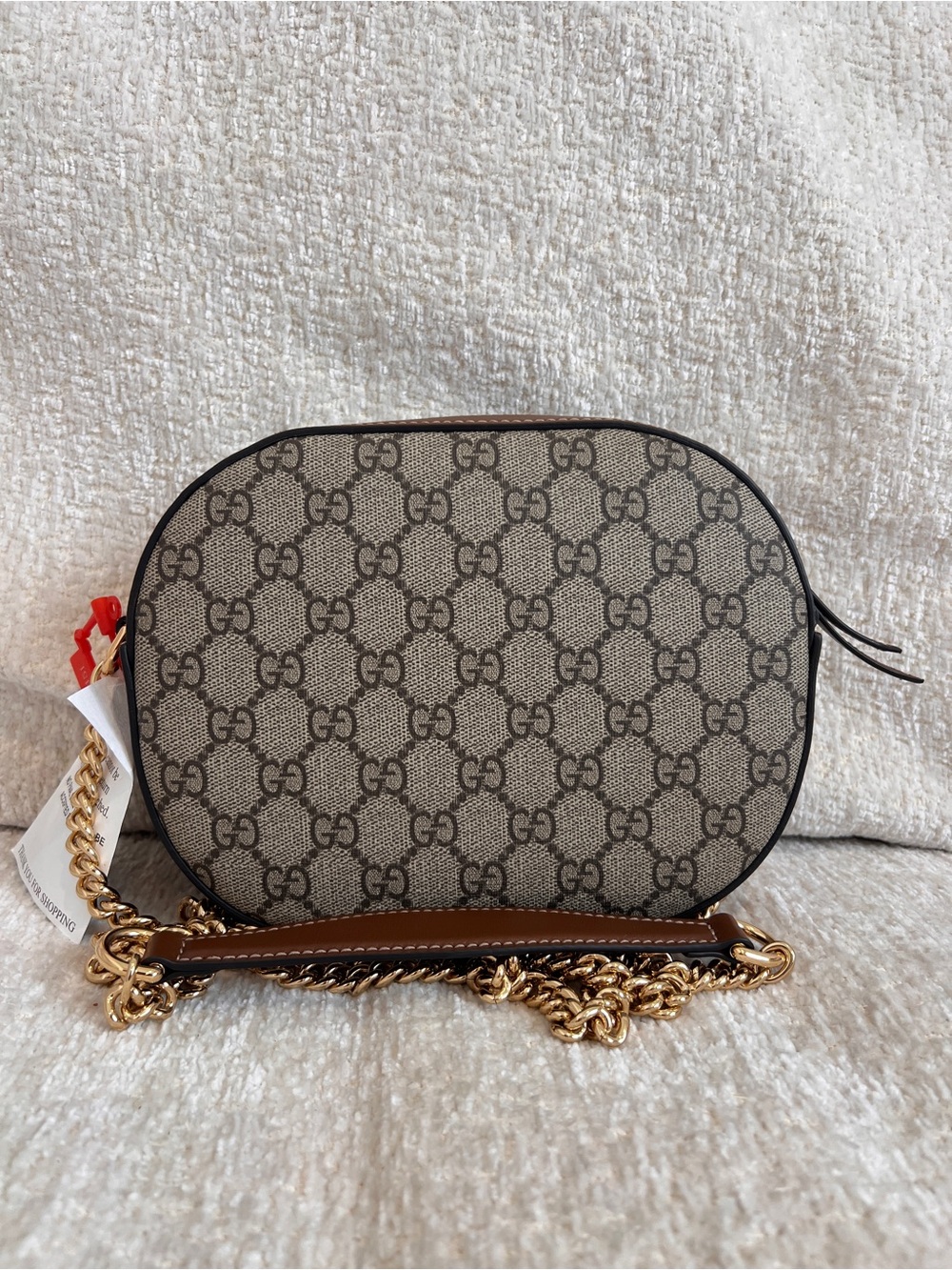 Gucci Monogram GG Canvas Oval Crossbody in Beige and Brown with Gold Chain. New!